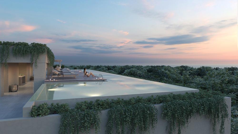 rooftop infinity swimming pool with view across the jungle