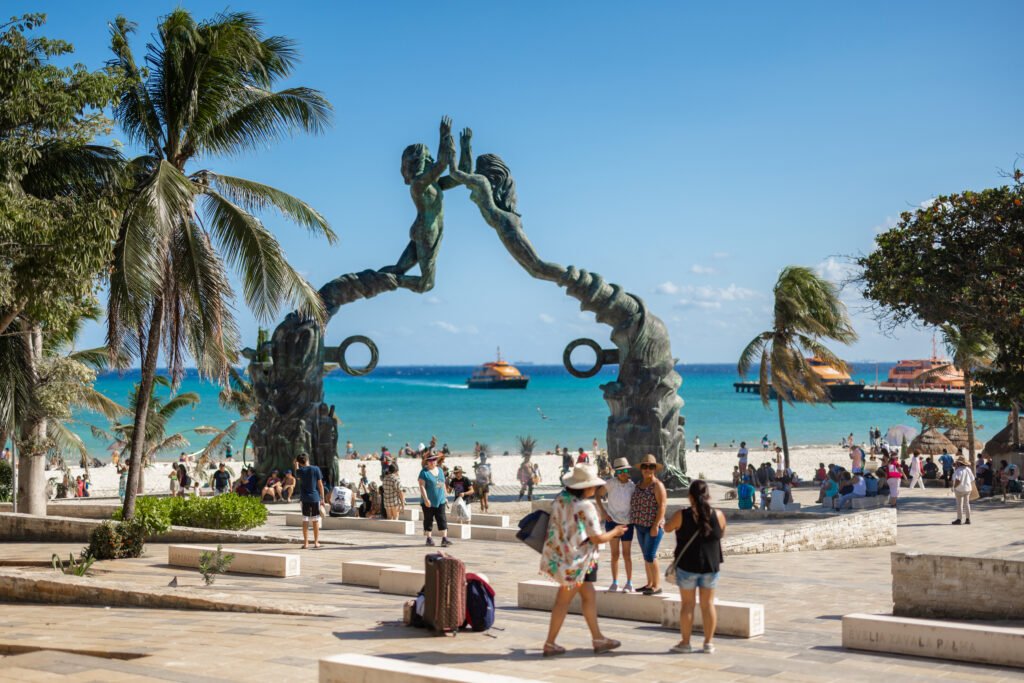 Playa fundadores park in Playa del Carmen Mexico with the Caribbean Sea in the background