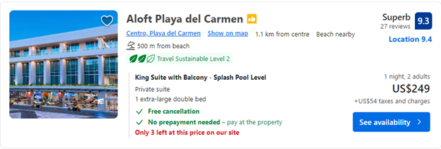 aloft playa del carmen rental prices