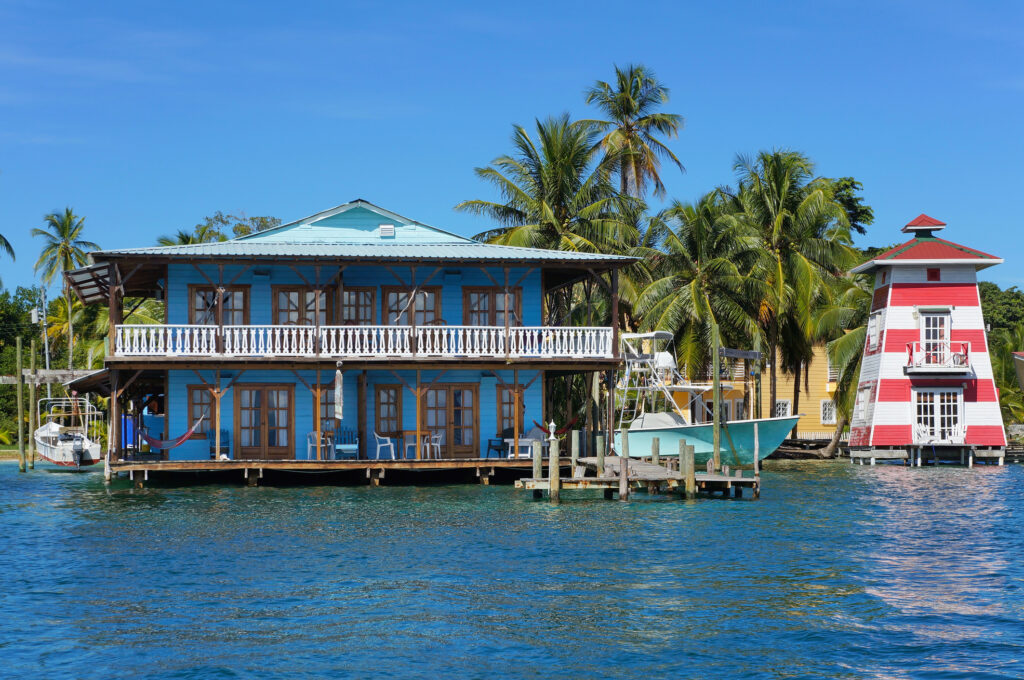 tropical houses on the water in Bocas del Toro, Panama. 