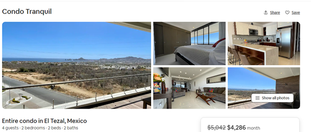 screenshot showing rental prices for condo in Cabo, Mexico