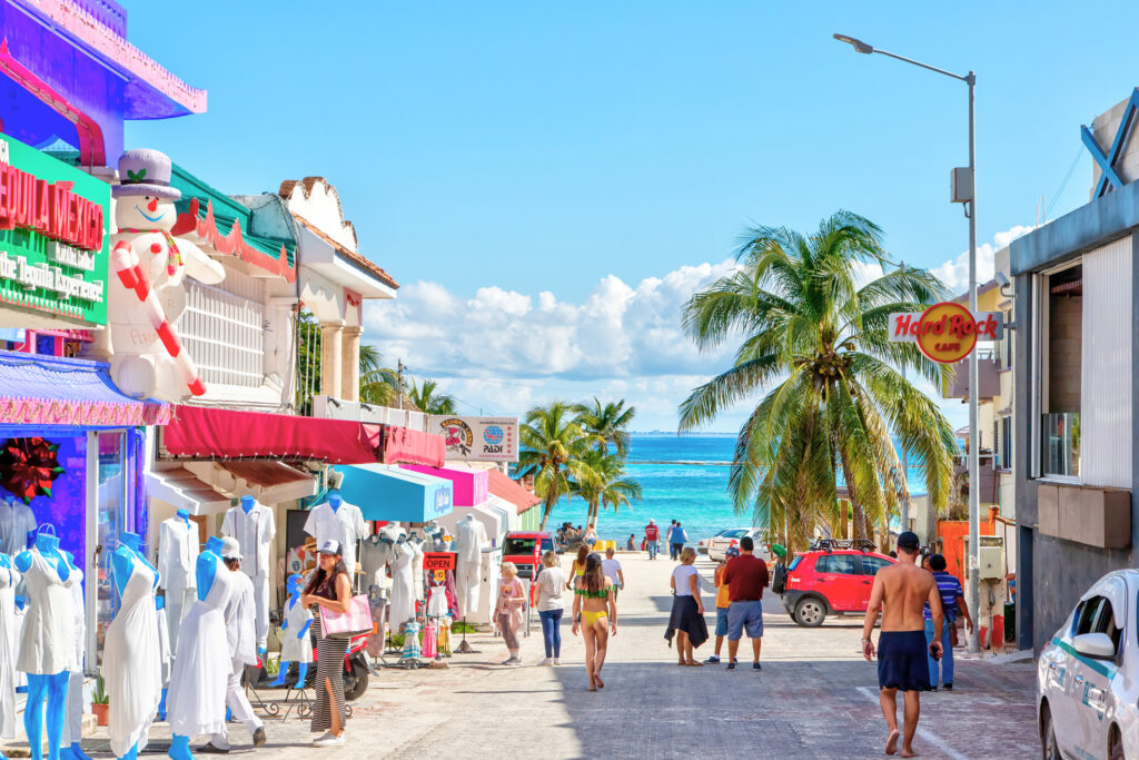 View of 5th ave in Playa del Carmen leading down to the beach