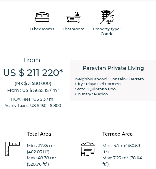 listings showing retail price of condos in Paravian