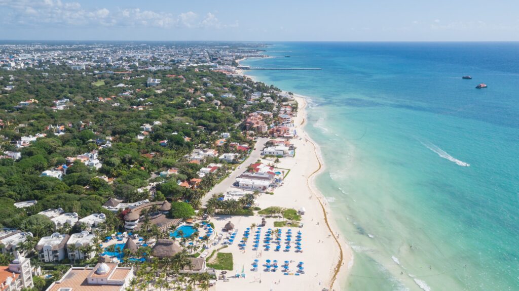 Aerial shot of Playa del Carmen showing beach and town