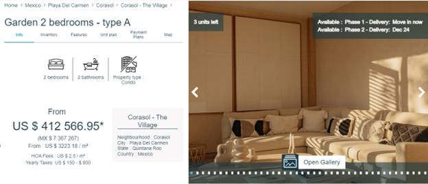 screenshot showing pricing for condo at The Village Corasol