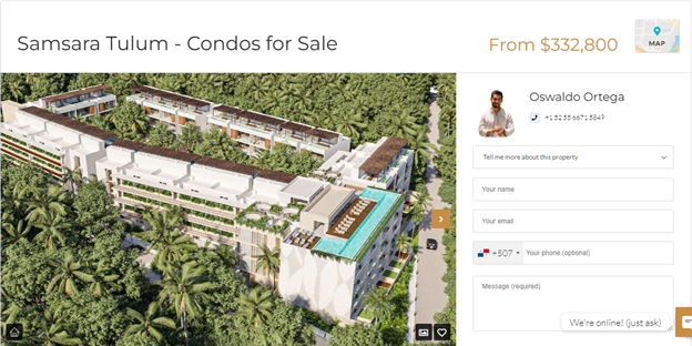 Aerial shot of Samsara in Tulum. Image is a screen shot of a listing on a real estate site.