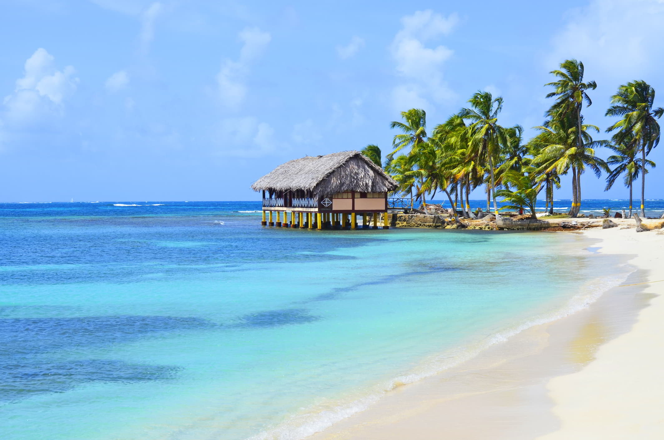 San Blas on a sunny day, blue Caribbean waters and palm trees.