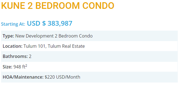 sales listing for a two bed condo in Kune community, Tulum.