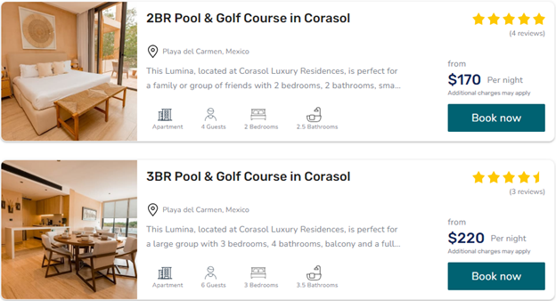 airbnb listing showing price of a nights stay in Corasol