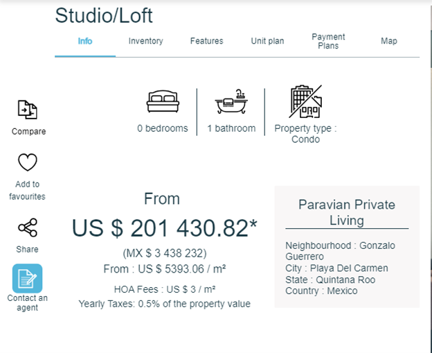 listing for a condo at the Paravian.