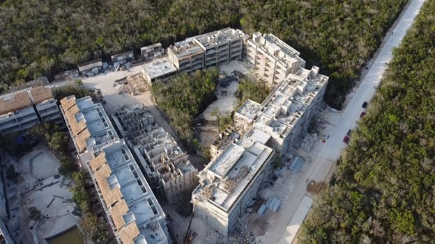 Aerial view of Samsara 2 community in Tulum, Mexico. The surrounding jungle is visible.