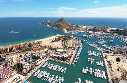 drone shot showing cabo marina, mexico