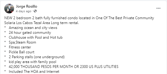 advert for long term rental in los cabos