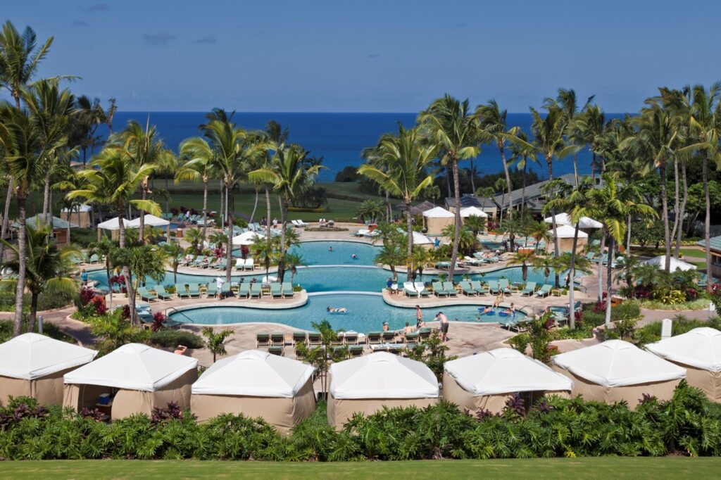 Ritz Carlton Residences. Photo showing swimming pool with decorative palm trees. In the background is the ocean.