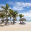 Palm trees and cabinas at Playa Caracol beach in Panama