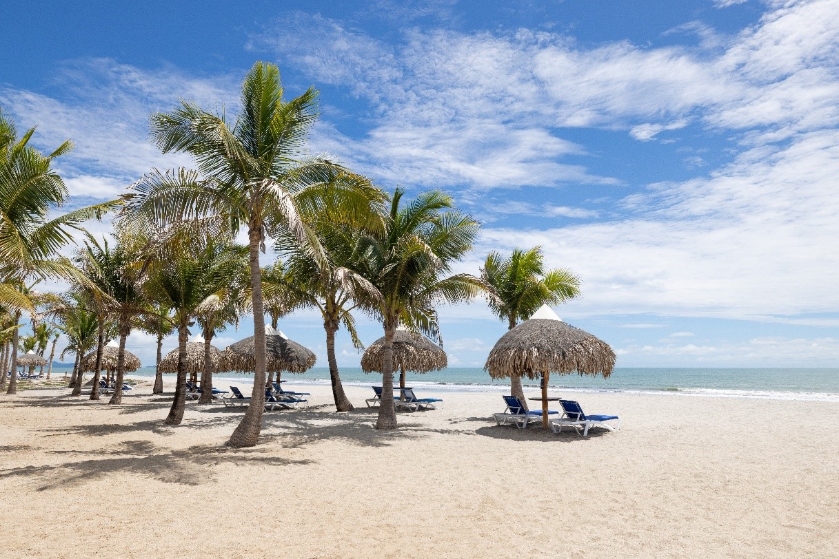 Palm trees and cabinas at Playa Caracol beach in Panama