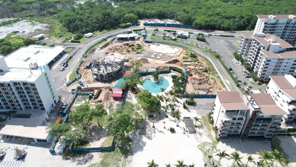 aerial shot of Olas del Mar construction site in Playa Caracol Panama.