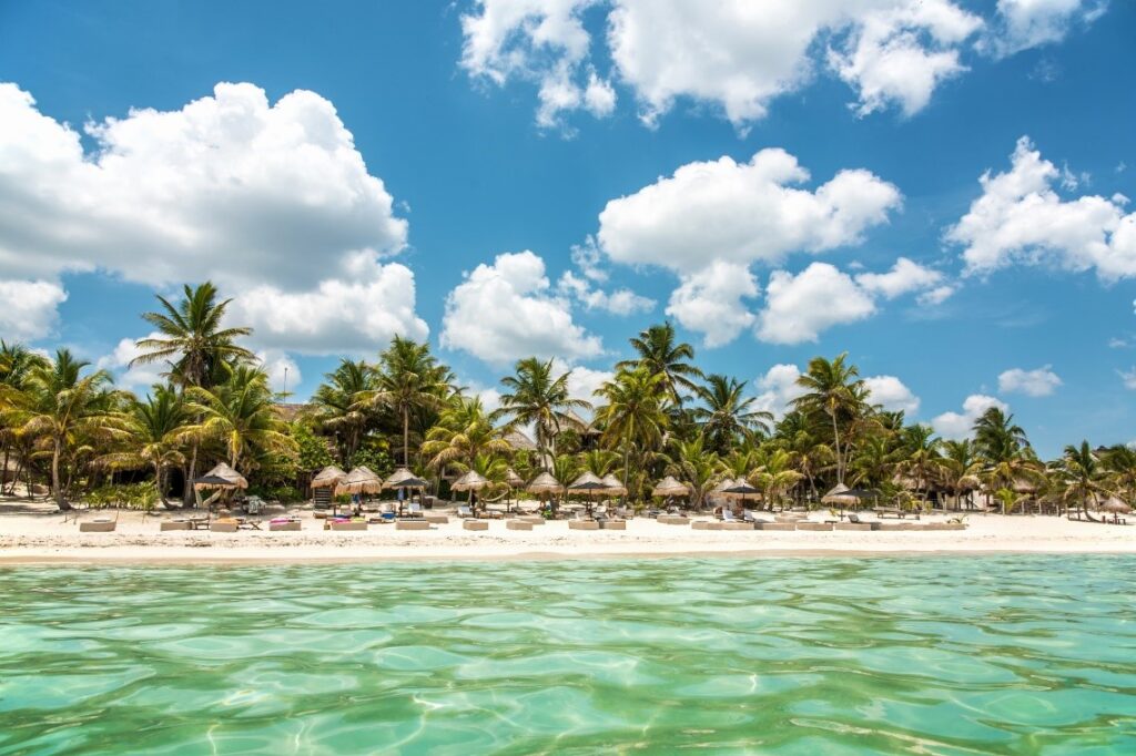 photo taken from the ocean of a tropical beach in Mexico.