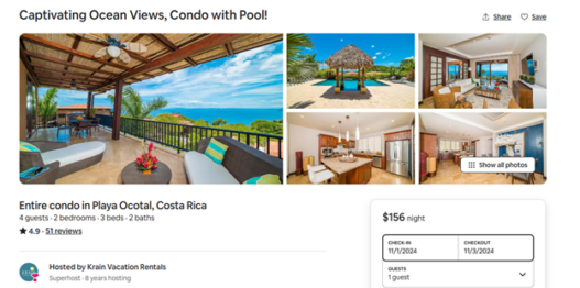 Airbnb listing for a condo in Azul Paraiso, Costa Rica