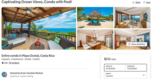 Rental listing at Azul Paraiso, Costa Rica during the high season.