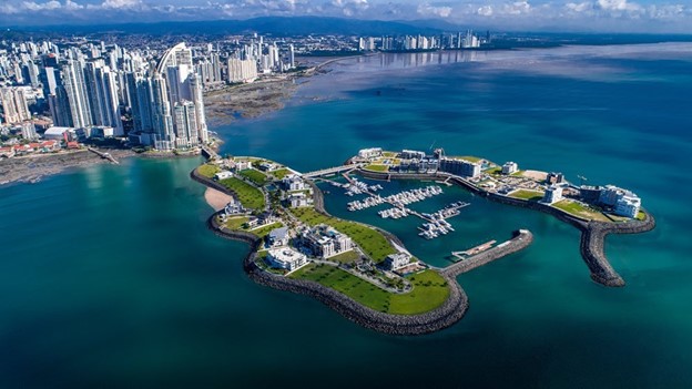 Aerial shot of Ocean reef, the man made islands off the coast of Panama City, Panama.