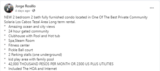 Screenshot showing rental listing in Cabo Costa, Cabo