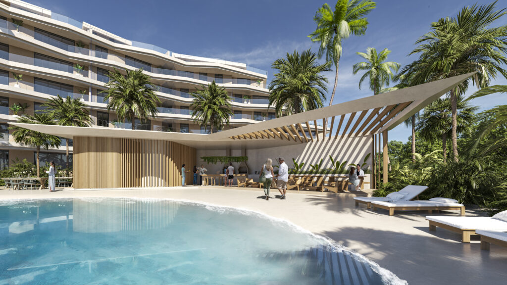 renders showing plans for the pool and bbq area at crystal garden in cap cana, Dominican Republic